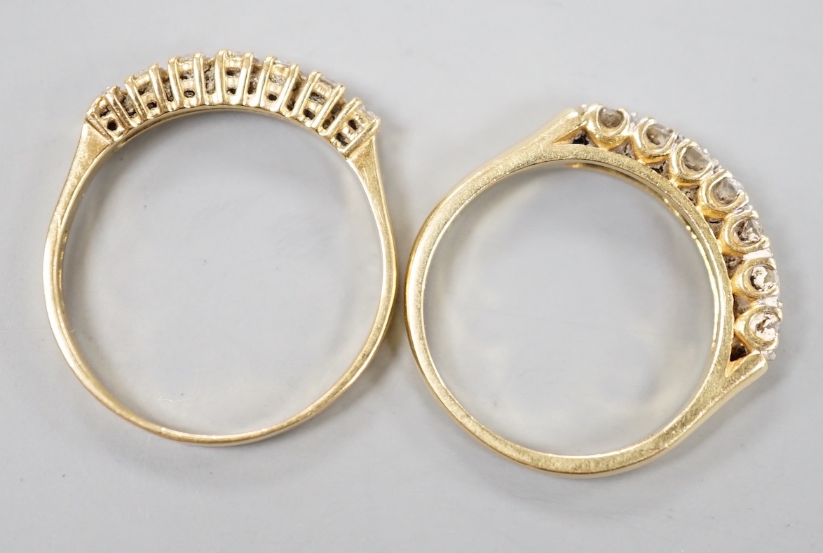 Two modern 18ct gold and seven stone diamond set half eternity rings, sizes M and Q/R, gross 5.9 grams.